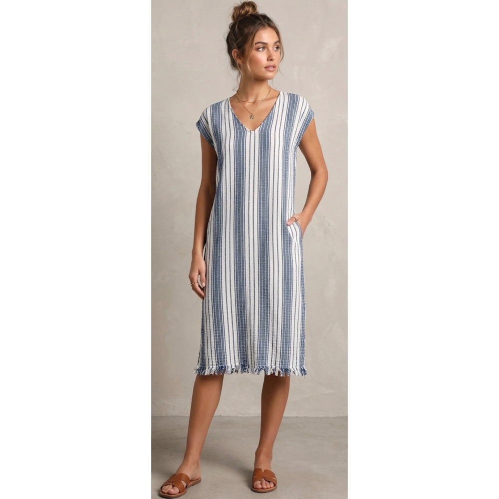Lulus Blue White Striped V-Neck Midi Dress Frayed Hem Pockets Size Small